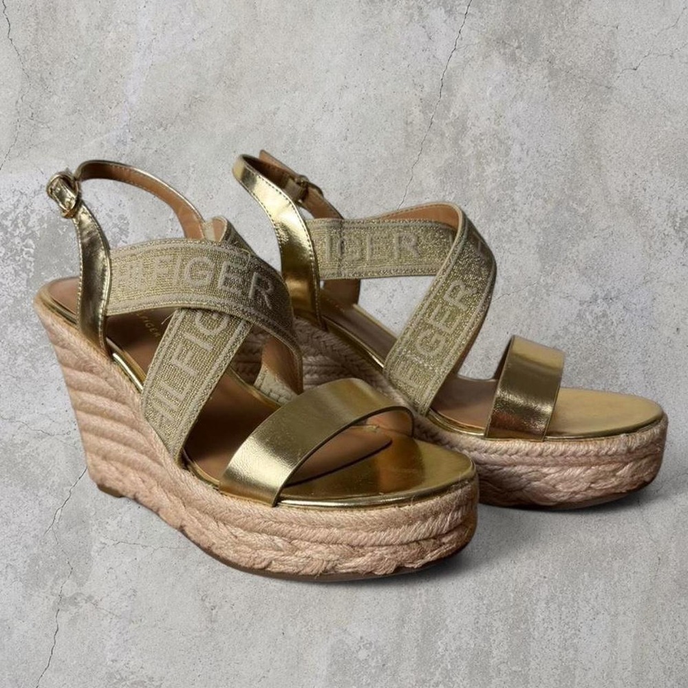 Tommy Hilfiger Metallic Crossover Strap Wedge Espadrilles Size 8.5